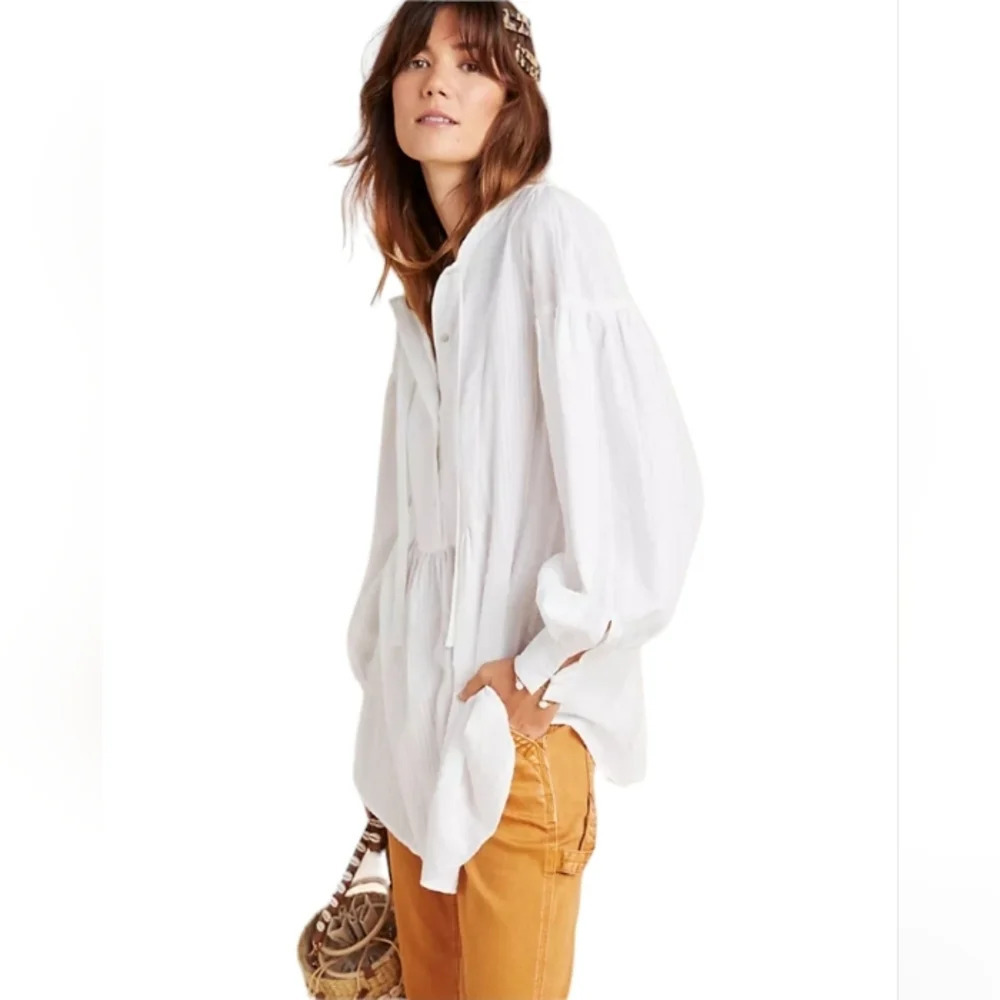 Anthropologie Maeve Vivaldi Textured Tie Neck Tunic White Cotton Size 4